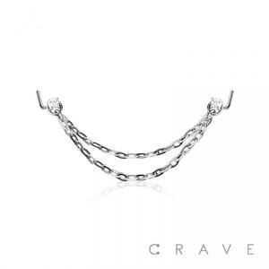 CZ L Shape Nose Rings w/Double Chain-Silver